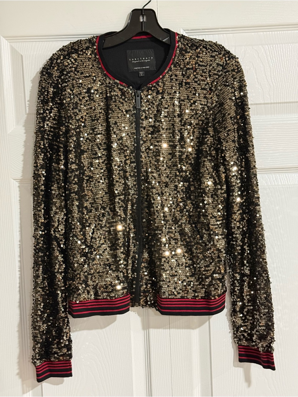 Sanctuary Gold Sequin Bomber Jacket with Red-Trim Ribbing